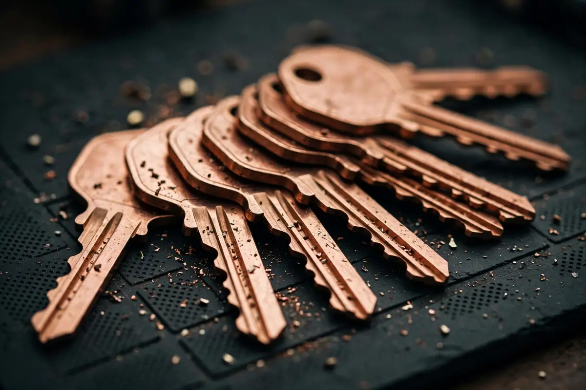 Freshly cut keys on a locksmith's work mat