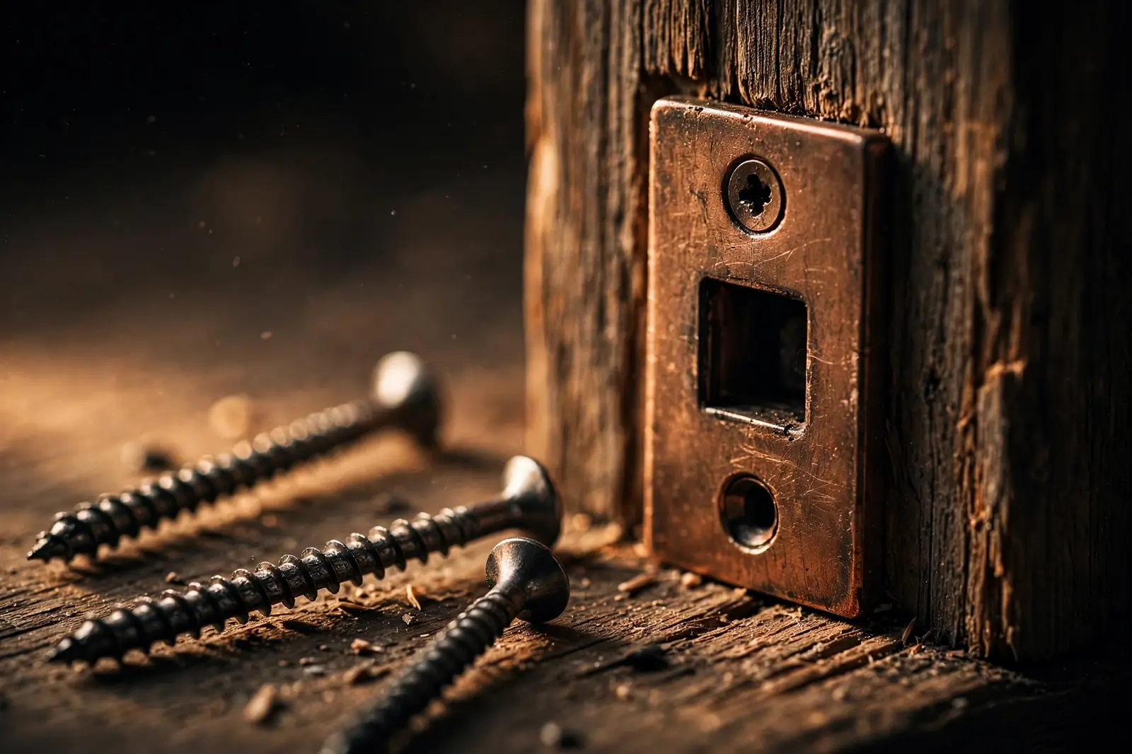 Macro photograph of a door strike plate with long screws